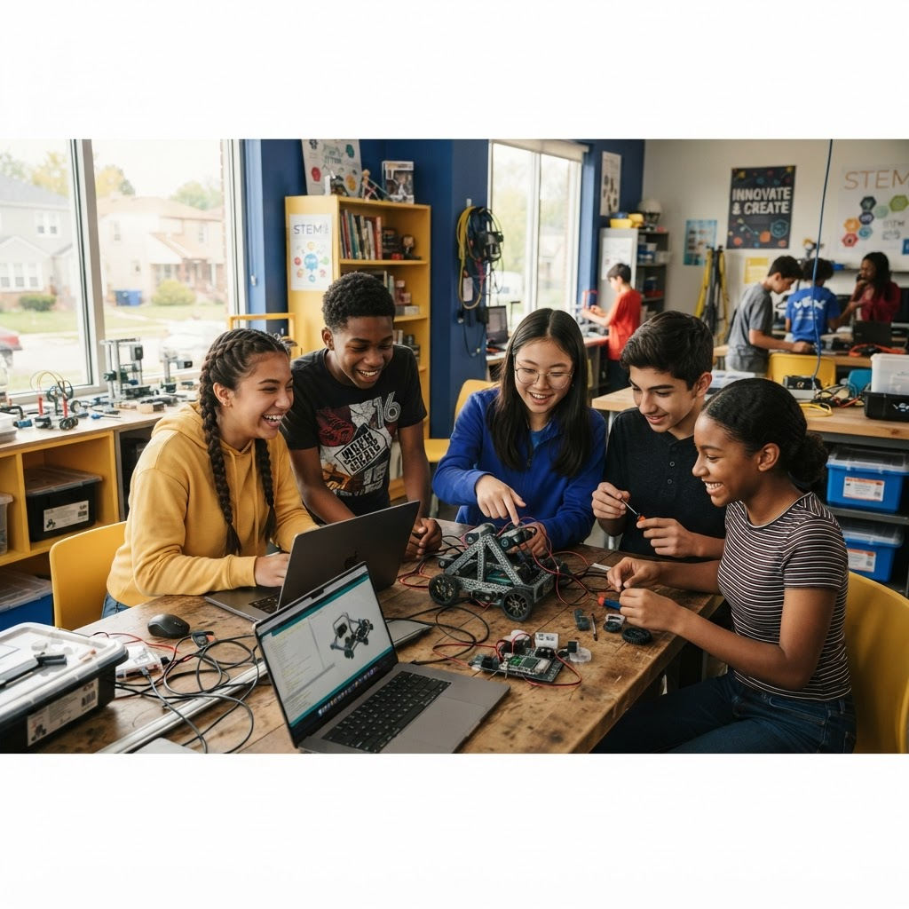 Teen students collaborating around laptops and a robotics kit in a technology lab